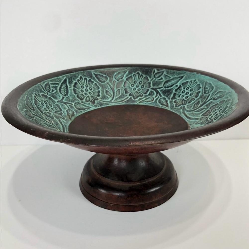 Patina Brass Pedestal Bowl Ornate Etched Floral Decorative Centerpiece Accent